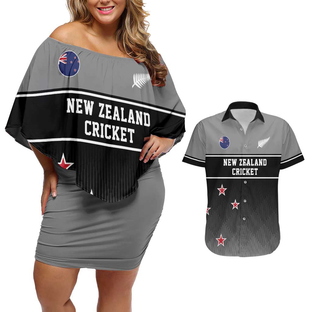 Custom New Zealand Cricket Couples Matching Off Shoulder Short Dress and Hawaiian Shirt Black Cap Unbeatable