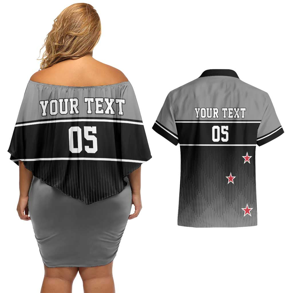 Custom New Zealand Cricket Couples Matching Off Shoulder Short Dress and Hawaiian Shirt Black Cap Unbeatable