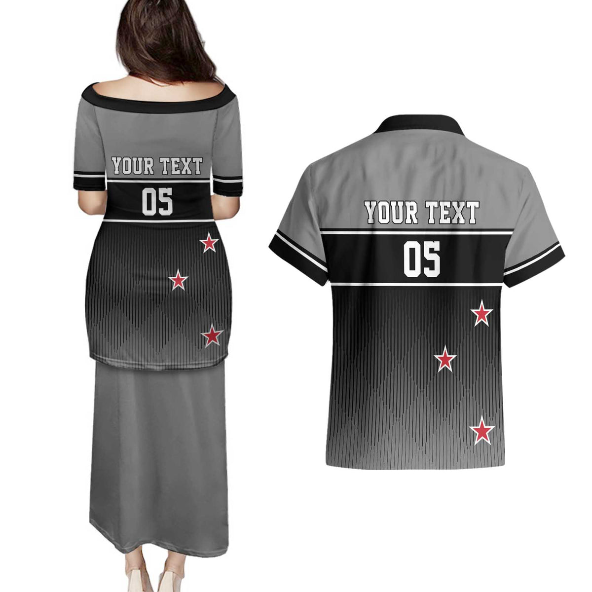 Custom New Zealand Cricket Couples Matching Puletasi and Hawaiian Shirt Black Cap Unbeatable