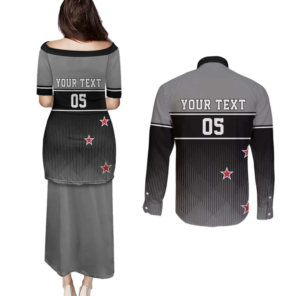 Custom New Zealand Cricket Couples Matching Puletasi and Long Sleeve Button Shirt Black Cap Unbeatable