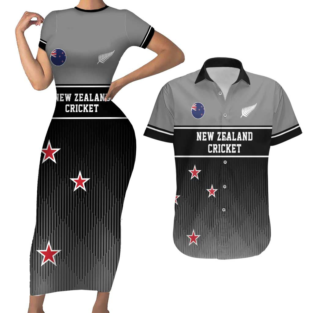 Custom New Zealand Cricket Couples Matching Short Sleeve Bodycon Dress and Hawaiian Shirt Black Cap Unbeatable