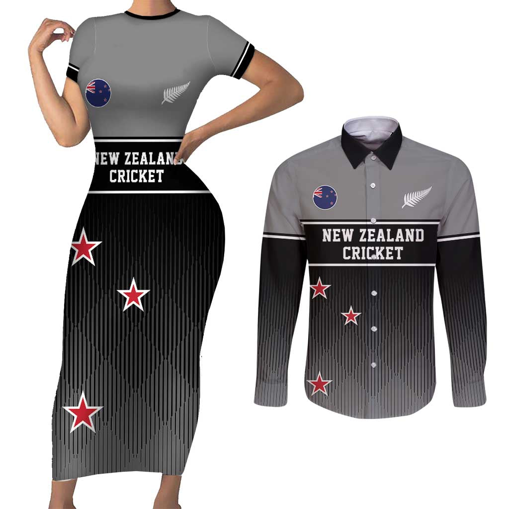 Custom New Zealand Cricket Couples Matching Short Sleeve Bodycon Dress and Long Sleeve Button Shirt Black Cap Unbeatable