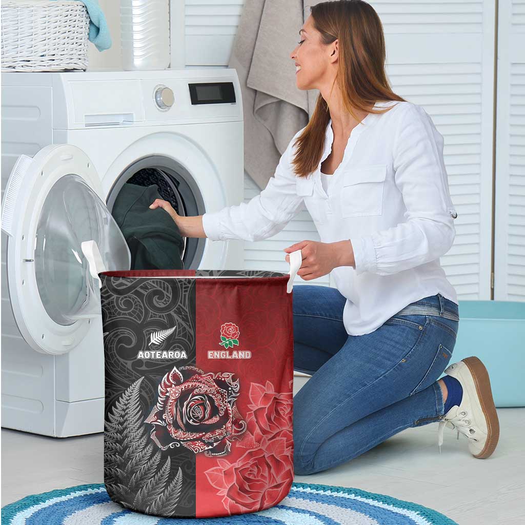 New Zealand And England Rugby Laundry Basket Red Rose Mix Maori Pattern - Polynesian Pride