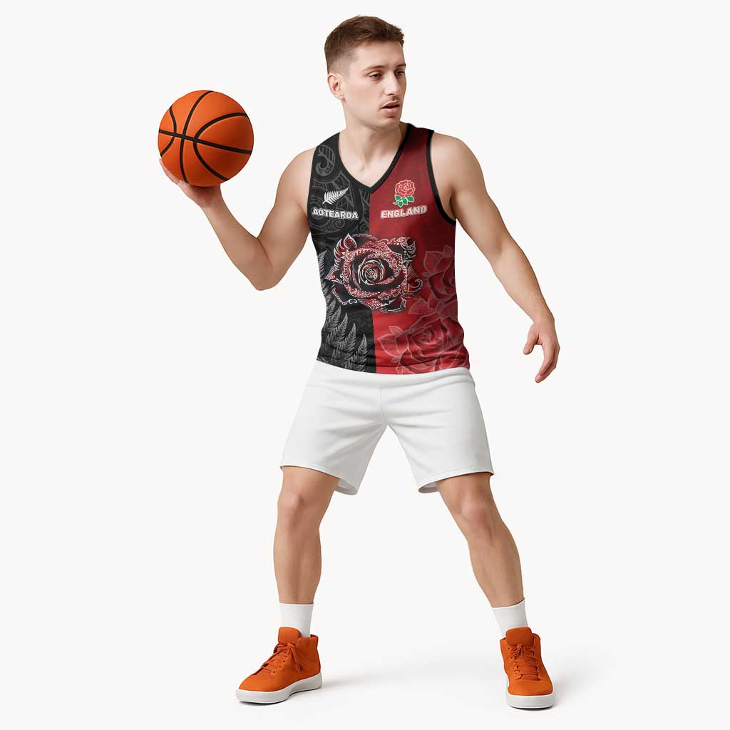 New Zealand And England Rugby Custom Basketball Jersey Red Rose Mix Maori Pattern - Polynesian Pride