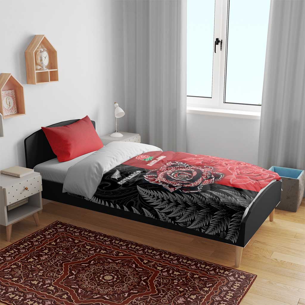 New Zealand And England Rugby Bedding Set Red Rose Mix Maori Pattern - Polynesian Pride