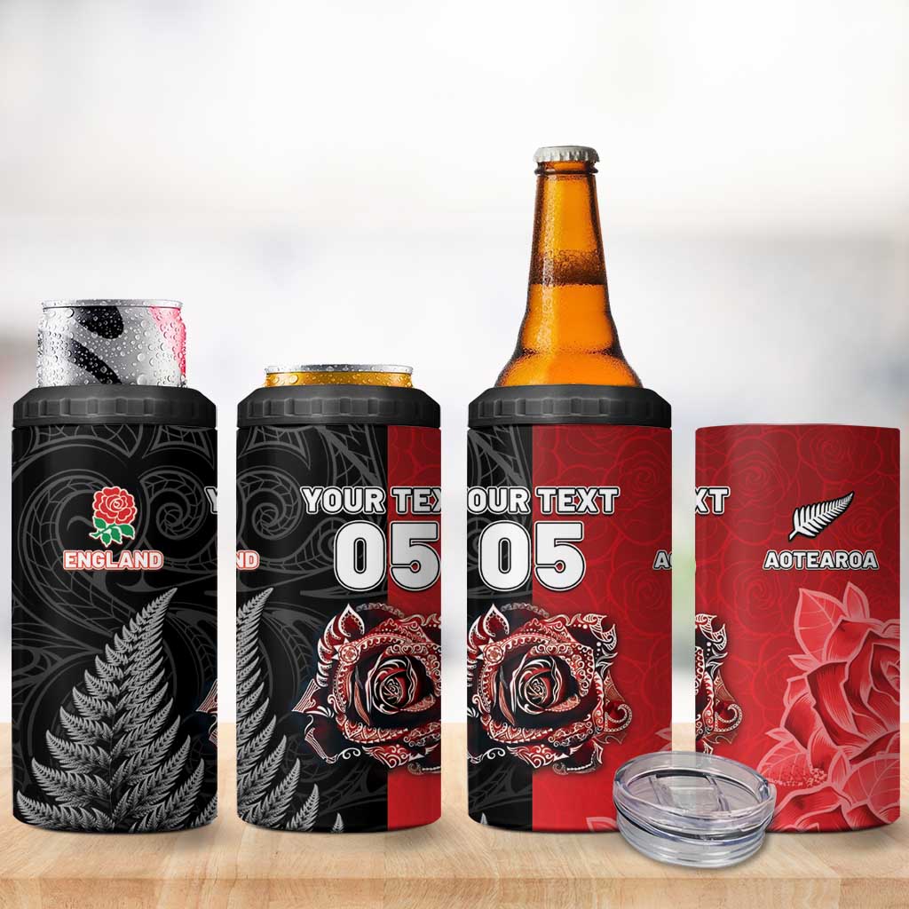 New Zealand And England Rugby Custom 4 in 1 Can Cooler Tumbler Red Rose Mix Maori Pattern - Polynesian Pride