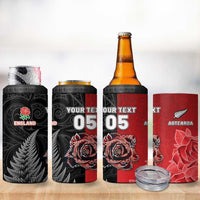New Zealand And England Rugby Custom 4 in 1 Can Cooler Tumbler Red Rose Mix Maori Pattern - Polynesian Pride