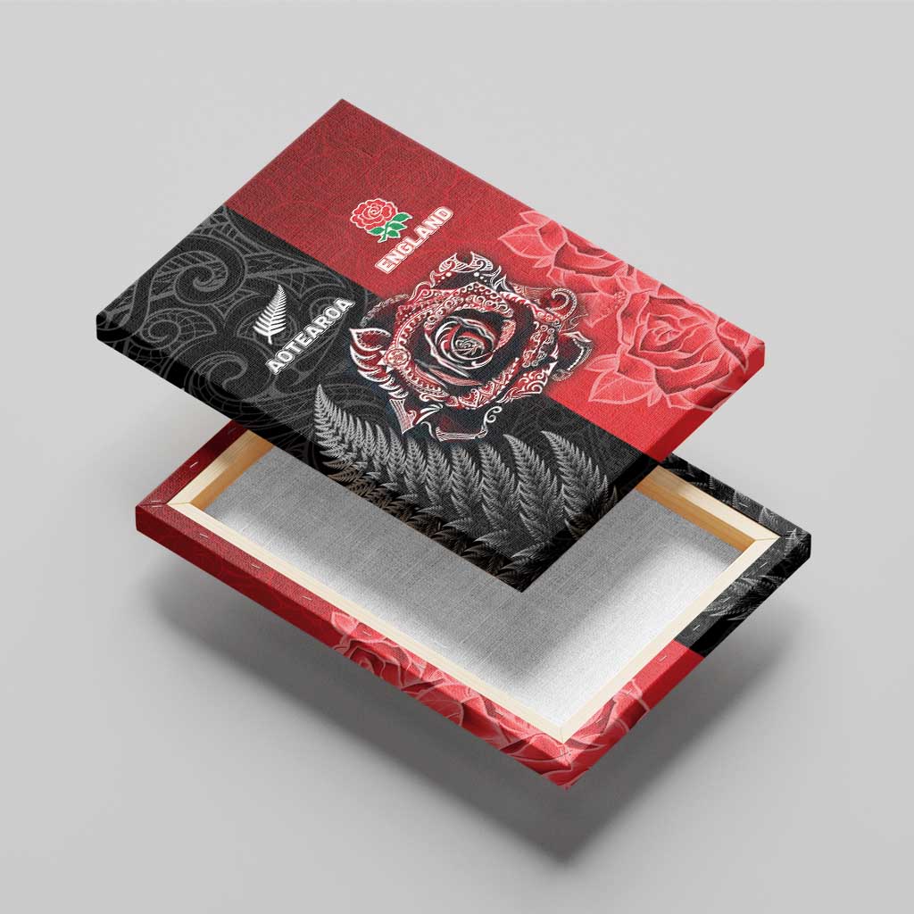 New Zealand And England Rugby Canvas Wall Art Red Rose Mix Maori Pattern - Polynesian Pride