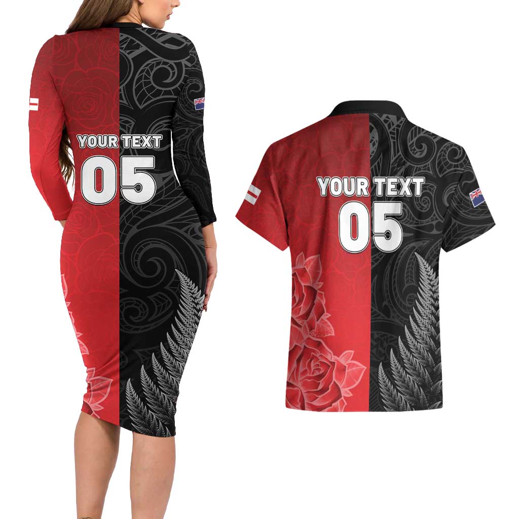 New Zealand And England Rugby Custom Couples Matching Long Sleeve Bodycon Dress and Hawaiian Shirt Red Rose Mix Maori Pattern LT05 - Polynesian Pride