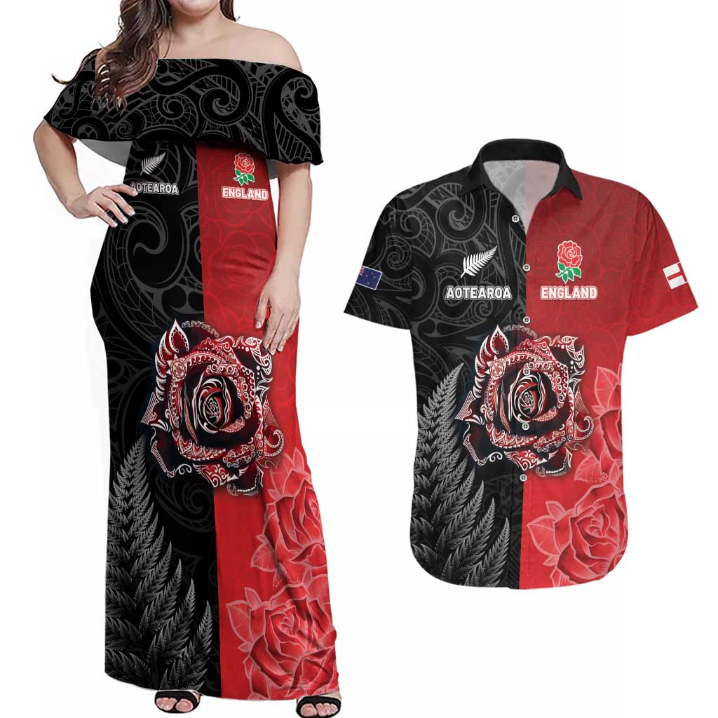 New Zealand And England Rugby Custom Couples Matching Off Shoulder Maxi Dress and Hawaiian Shirt Red Rose Mix Maori Pattern LT05 Black - Polynesian Pride