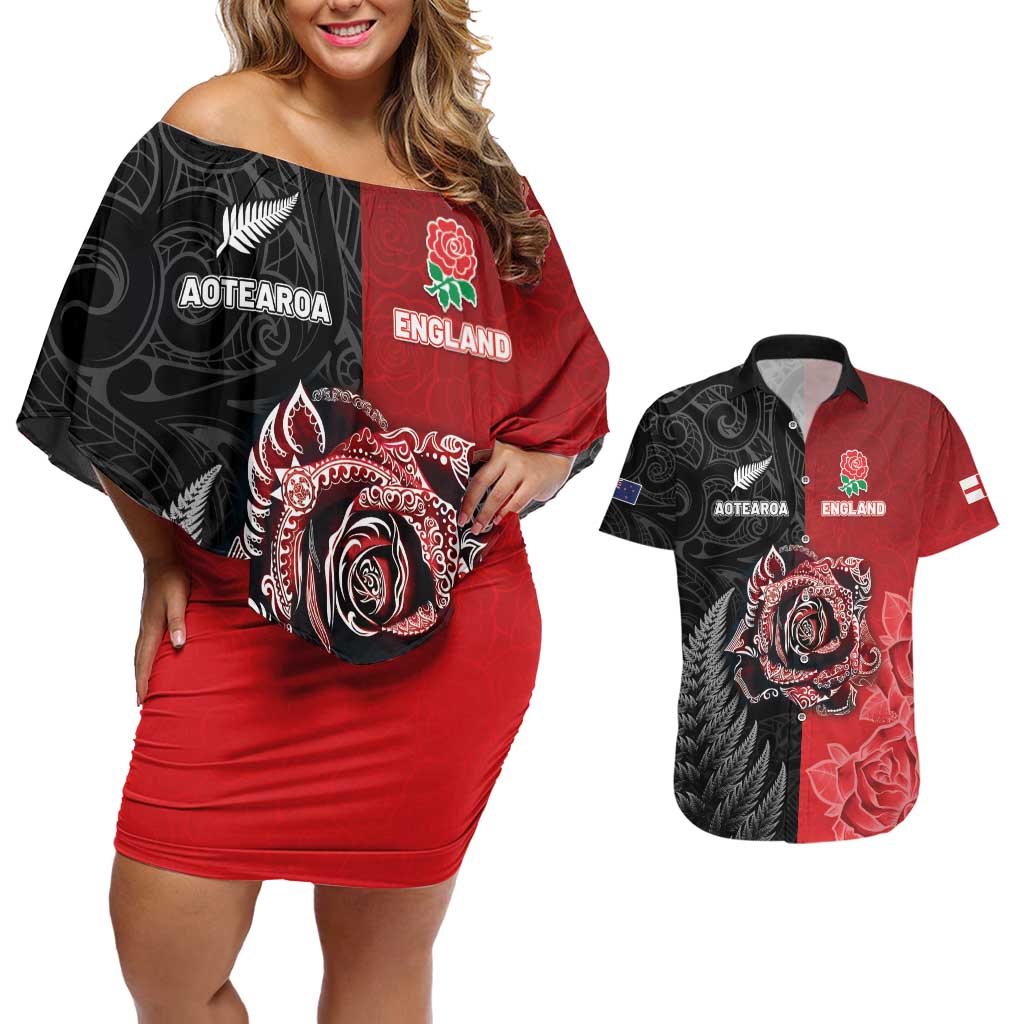 New Zealand And England Rugby Custom Couples Matching Off Shoulder Short Dress and Hawaiian Shirt Red Rose Mix Maori Pattern LT05 Black - Polynesian Pride