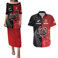New Zealand And England Rugby Custom Couples Matching Puletasi and Hawaiian Shirt Red Rose Mix Maori Pattern - Polynesian Pride