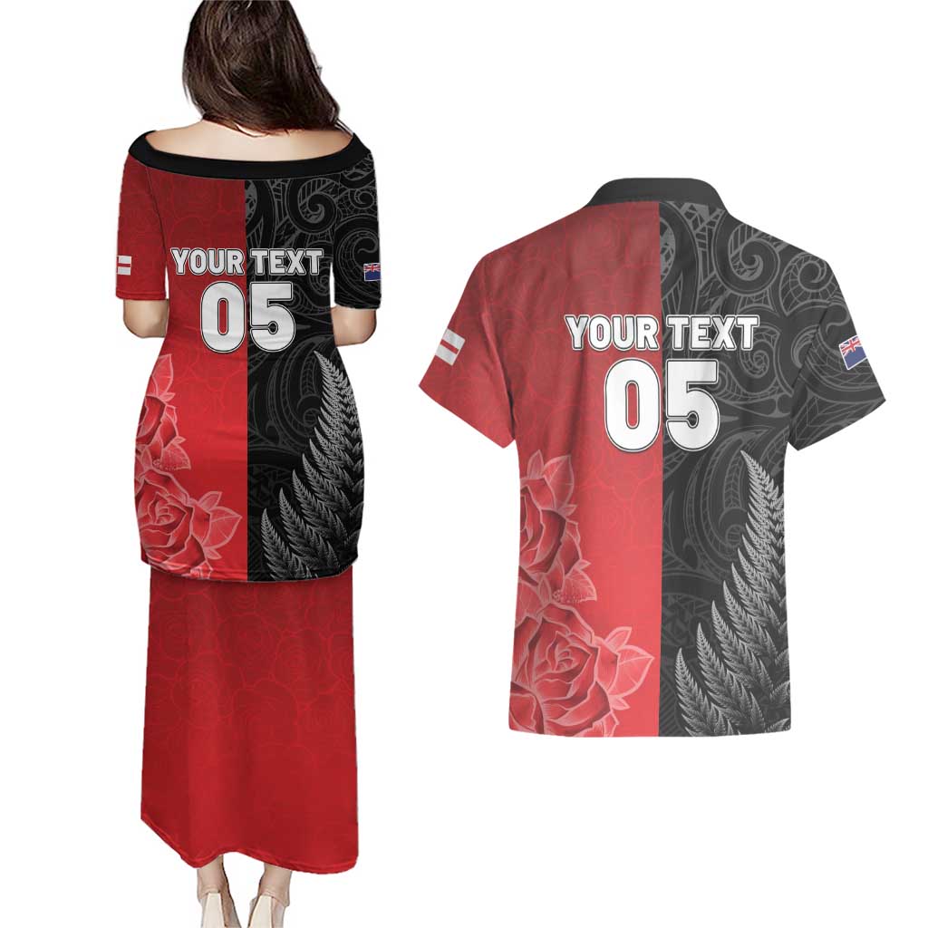 New Zealand And England Rugby Custom Couples Matching Puletasi and Hawaiian Shirt Red Rose Mix Maori Pattern - Polynesian Pride