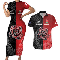 New Zealand And England Rugby Custom Couples Matching Short Sleeve Bodycon Dress and Hawaiian Shirt Red Rose Mix Maori Pattern LT05 Black - Polynesian Pride