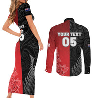 New Zealand And England Rugby Custom Couples Matching Short Sleeve Bodycon Dress and Long Sleeve Button Shirt Red Rose Mix Maori Pattern LT05 - Polynesian Pride