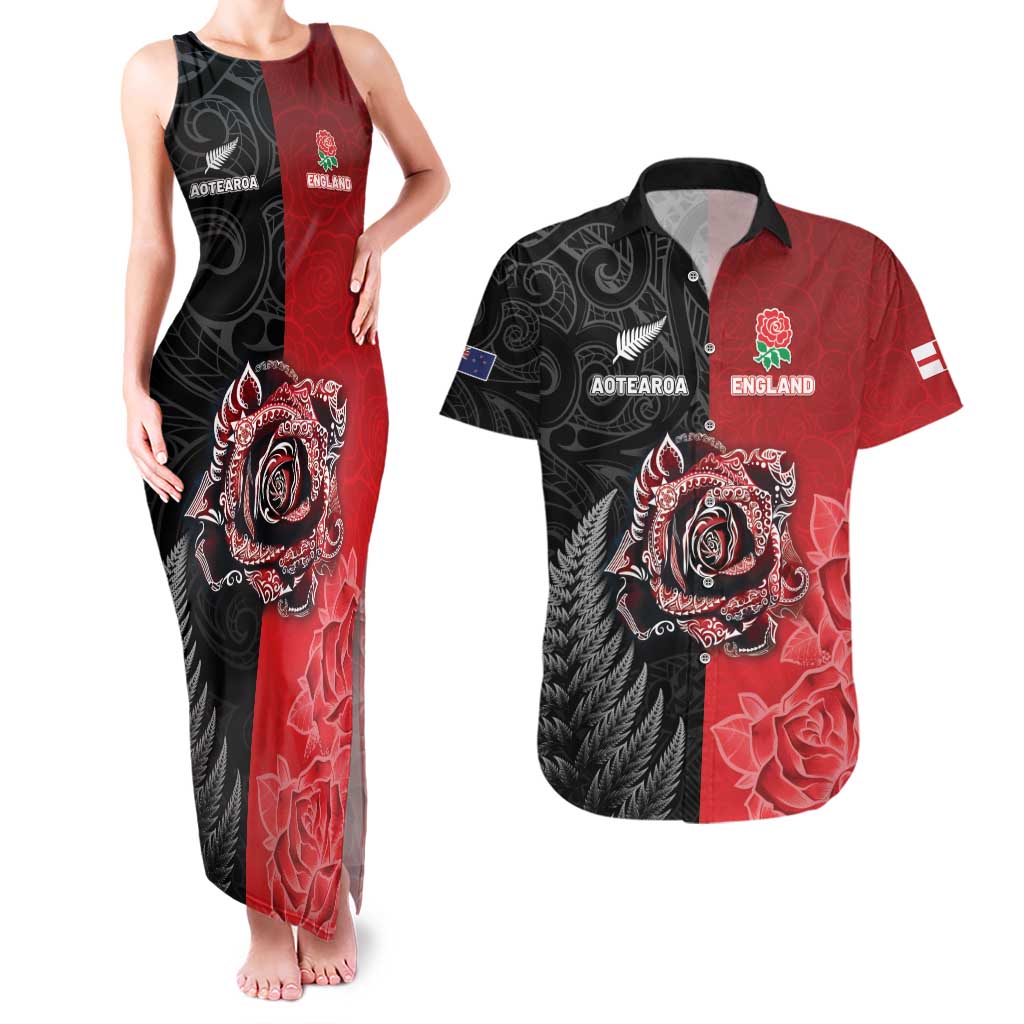 New Zealand And England Rugby Custom Couples Matching Tank Maxi Dress and Hawaiian Shirt Red Rose Mix Maori Pattern LT05 Black - Polynesian Pride