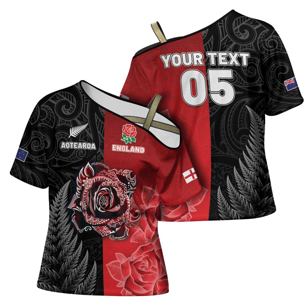 New Zealand And England Rugby Custom Cross Shoulder Shirt Red Rose Mix Maori Pattern - Polynesian Pride