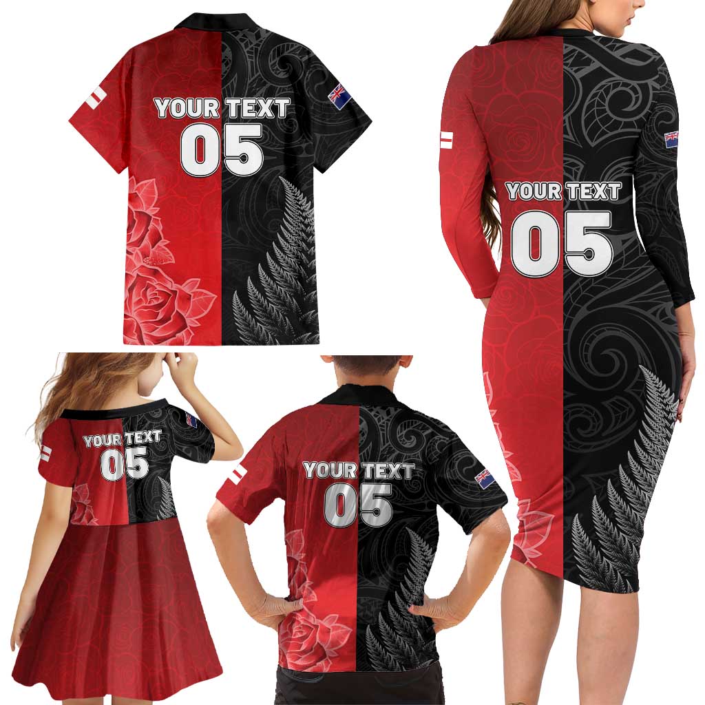 New Zealand And England Rugby Custom Family Matching Long Sleeve Bodycon Dress and Hawaiian Shirt Red Rose Mix Maori Pattern LT05 - Polynesian Pride