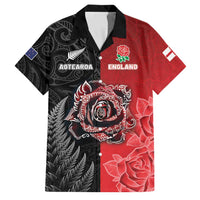 New Zealand And England Rugby Custom Family Matching Long Sleeve Bodycon Dress and Hawaiian Shirt Red Rose Mix Maori Pattern LT05 Dad's Shirt - Short Sleeve Black - Polynesian Pride