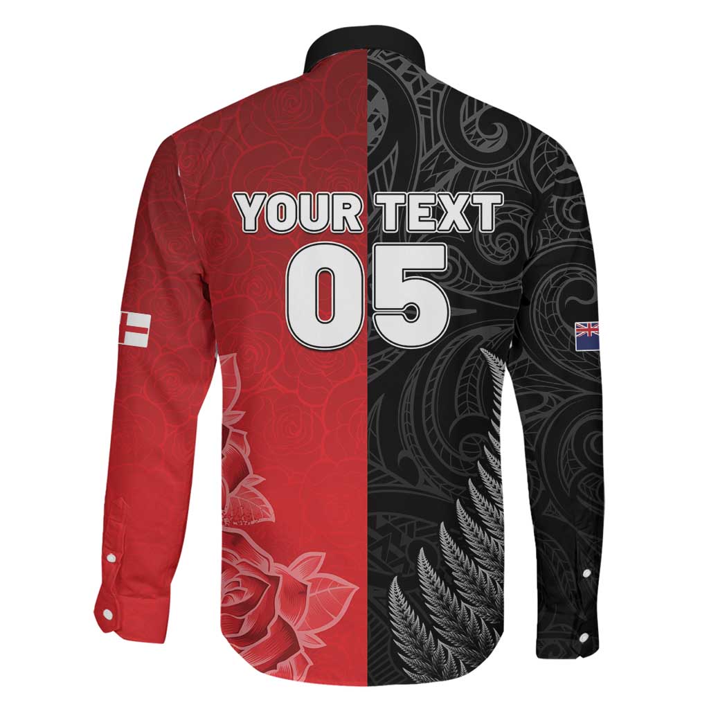 New Zealand And England Rugby Custom Family Matching Long Sleeve Bodycon Dress and Hawaiian Shirt Red Rose Mix Maori Pattern LT05 - Polynesian Pride