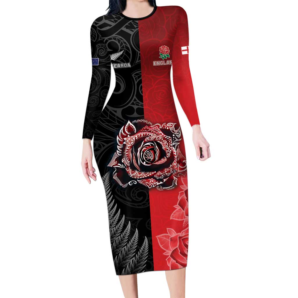 New Zealand And England Rugby Custom Family Matching Long Sleeve Bodycon Dress and Hawaiian Shirt Red Rose Mix Maori Pattern LT05 Mom's Dress Black - Polynesian Pride