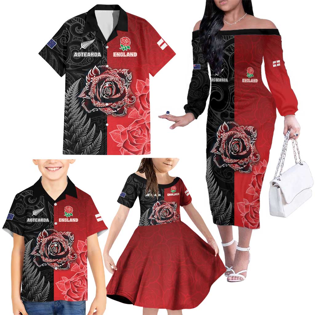 New Zealand And England Rugby Custom Family Matching Off The Shoulder Long Sleeve Dress and Hawaiian Shirt Red Rose Mix Maori Pattern LT05 - Polynesian Pride