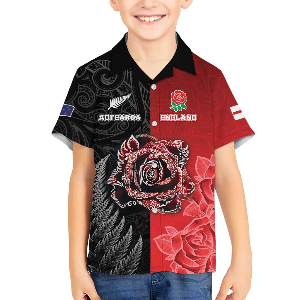 New Zealand And England Rugby Custom Family Matching Off The Shoulder Long Sleeve Dress and Hawaiian Shirt Red Rose Mix Maori Pattern LT05 Son's Shirt Black - Polynesian Pride