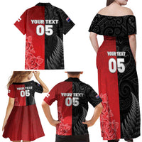 New Zealand And England Rugby Custom Family Matching Off Shoulder Maxi Dress and Hawaiian Shirt Red Rose Mix Maori Pattern LT05 - Polynesian Pride