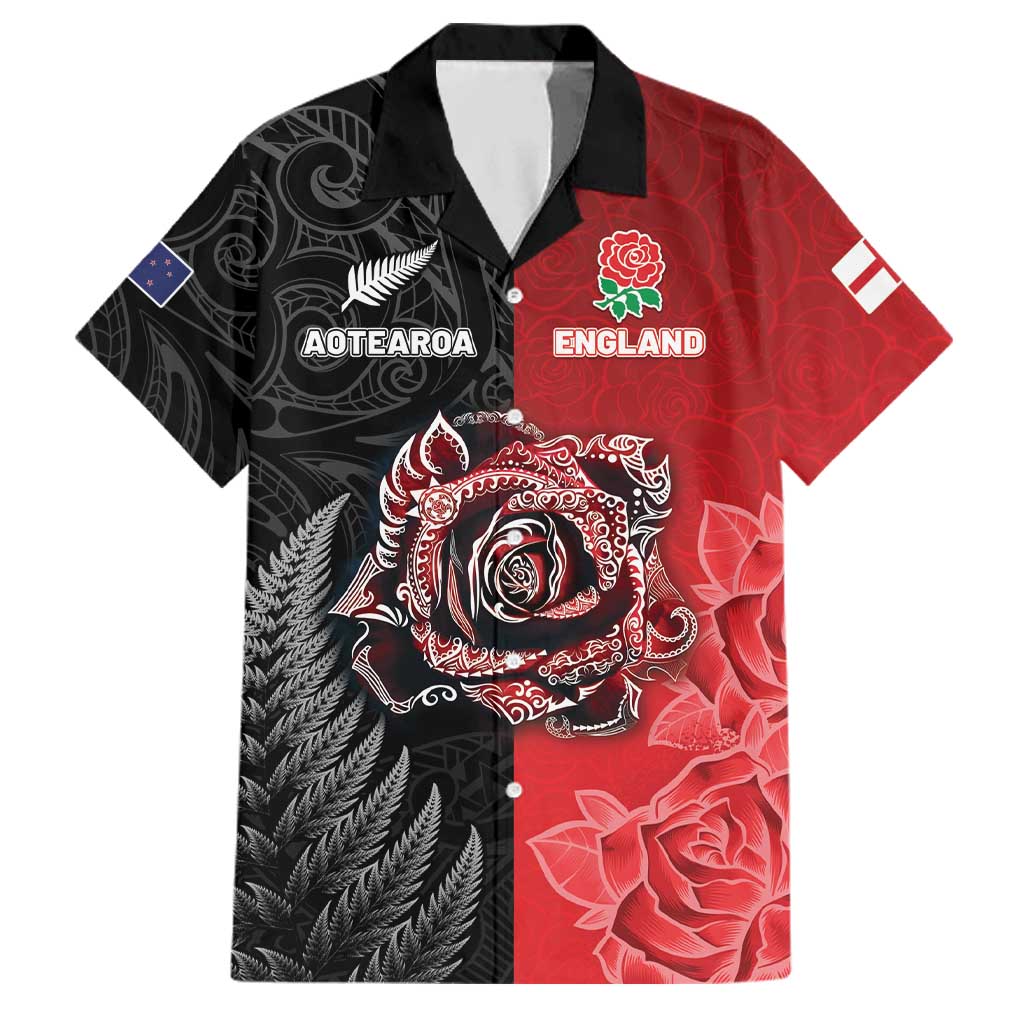 New Zealand And England Rugby Custom Family Matching Off Shoulder Maxi Dress and Hawaiian Shirt Red Rose Mix Maori Pattern LT05 Dad's Shirt - Short Sleeve Black - Polynesian Pride