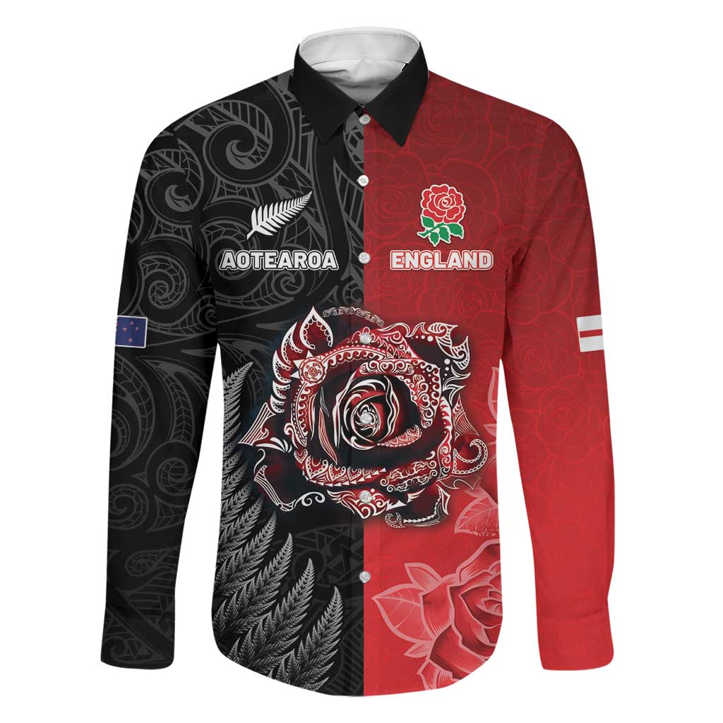 New Zealand And England Rugby Custom Family Matching Off Shoulder Maxi Dress and Hawaiian Shirt Red Rose Mix Maori Pattern LT05 Dad's Shirt - Long Sleeve Black - Polynesian Pride