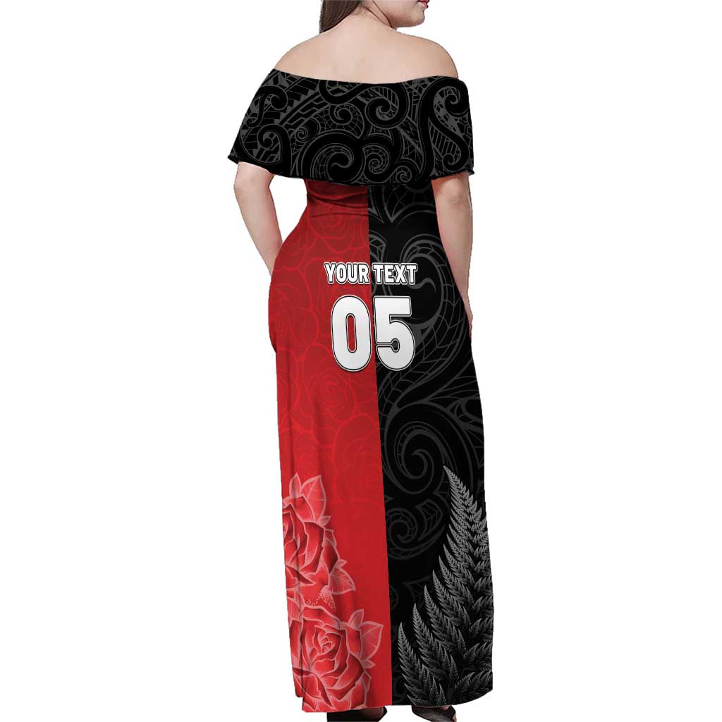 New Zealand And England Rugby Custom Family Matching Off Shoulder Maxi Dress and Hawaiian Shirt Red Rose Mix Maori Pattern LT05 - Polynesian Pride