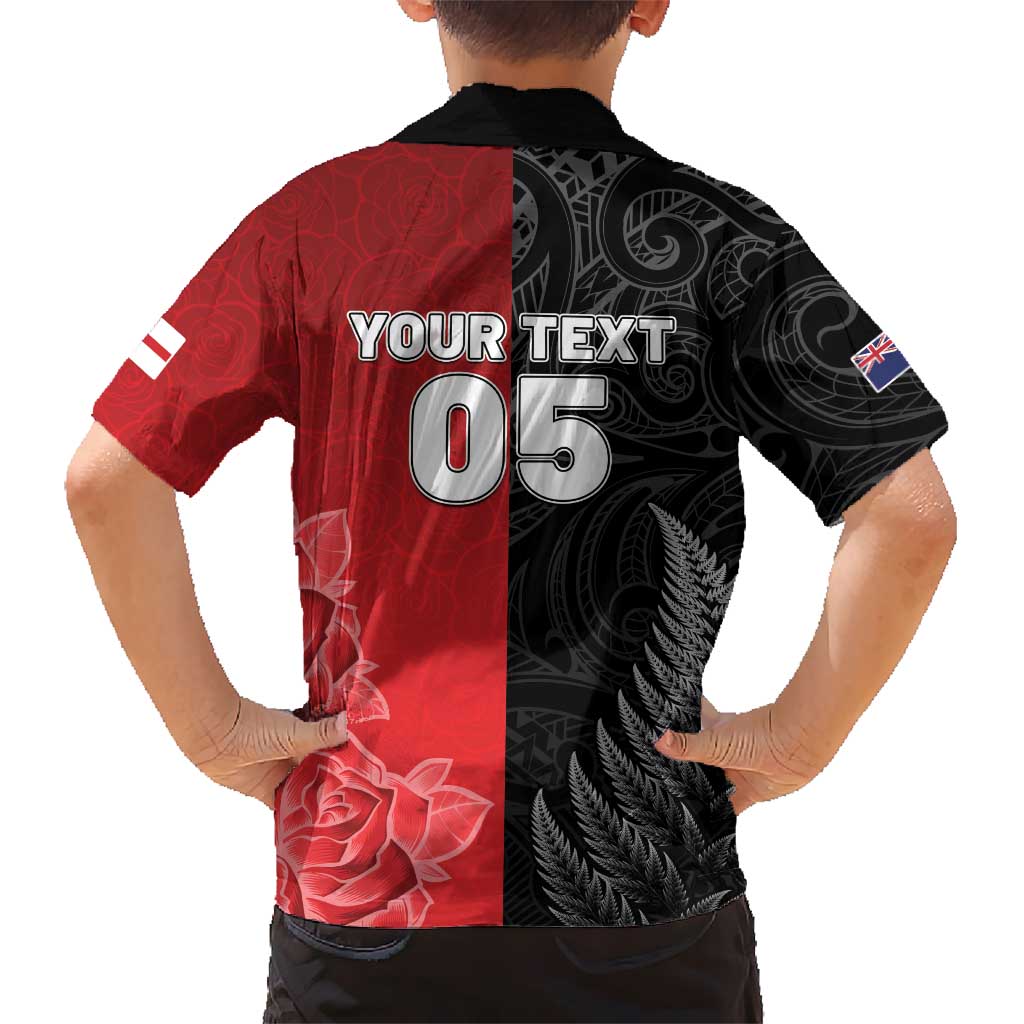 New Zealand And England Rugby Custom Family Matching Off Shoulder Short Dress and Hawaiian Shirt Red Rose Mix Maori Pattern LT05 - Polynesian Pride