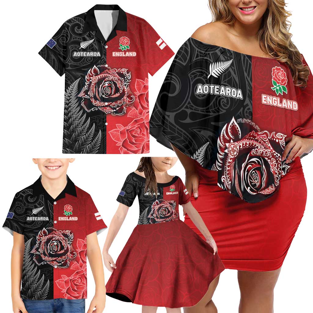 New Zealand And England Rugby Custom Family Matching Off Shoulder Short Dress and Hawaiian Shirt Red Rose Mix Maori Pattern - Polynesian Pride