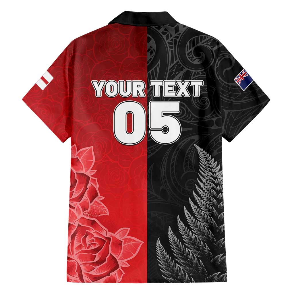 New Zealand And England Rugby Custom Family Matching Off Shoulder Short Dress and Hawaiian Shirt Red Rose Mix Maori Pattern LT05 - Polynesian Pride