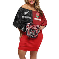 New Zealand And England Rugby Custom Family Matching Off Shoulder Short Dress and Hawaiian Shirt Red Rose Mix Maori Pattern LT05 Mom's Dress Black - Polynesian Pride