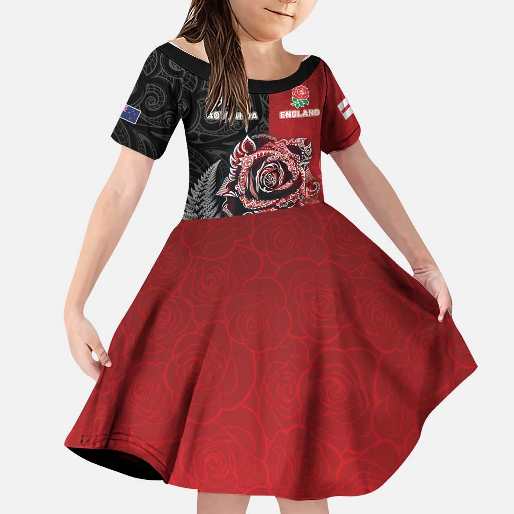 New Zealand And England Rugby Custom Family Matching Puletasi and Hawaiian Shirt Red Rose Mix Maori Pattern LT05 Daughter's Dress Black - Polynesian Pride