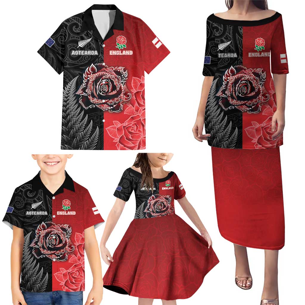 New Zealand And England Rugby Custom Family Matching Puletasi and Hawaiian Shirt Red Rose Mix Maori Pattern LT05 - Polynesian Pride