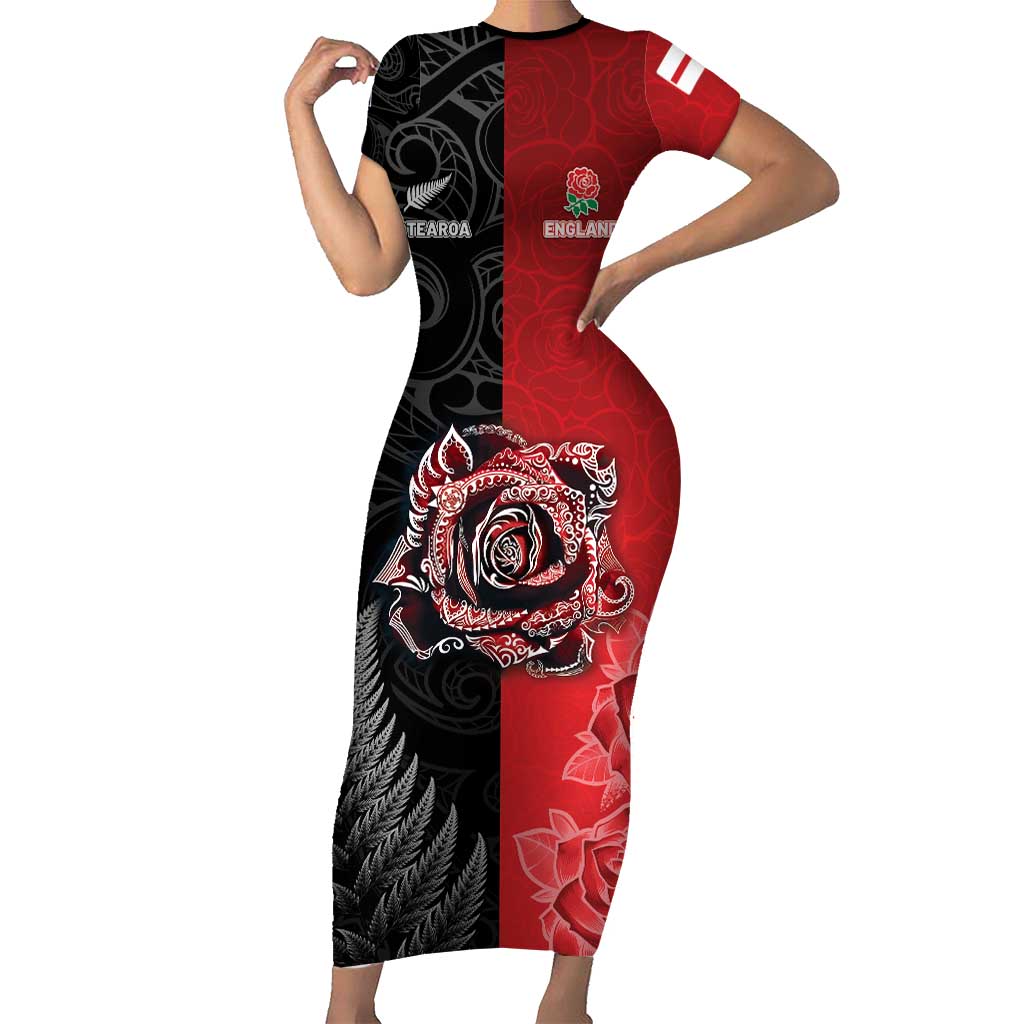New Zealand And England Rugby Custom Family Matching Short Sleeve Bodycon Dress and Hawaiian Shirt Red Rose Mix Maori Pattern LT05 Mom's Dress Black - Polynesian Pride
