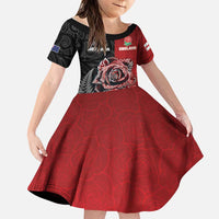 New Zealand And England Rugby Custom Family Matching Summer Maxi Dress and Hawaiian Shirt Red Rose Mix Maori Pattern LT05 Daughter's Dress Black - Polynesian Pride