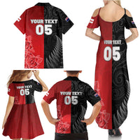 New Zealand And England Rugby Custom Family Matching Summer Maxi Dress and Hawaiian Shirt Red Rose Mix Maori Pattern LT05 - Polynesian Pride
