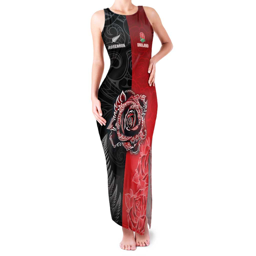 New Zealand And England Rugby Custom Family Matching Tank Maxi Dress and Hawaiian Shirt Red Rose Mix Maori Pattern LT05 Mom's Dress Black - Polynesian Pride