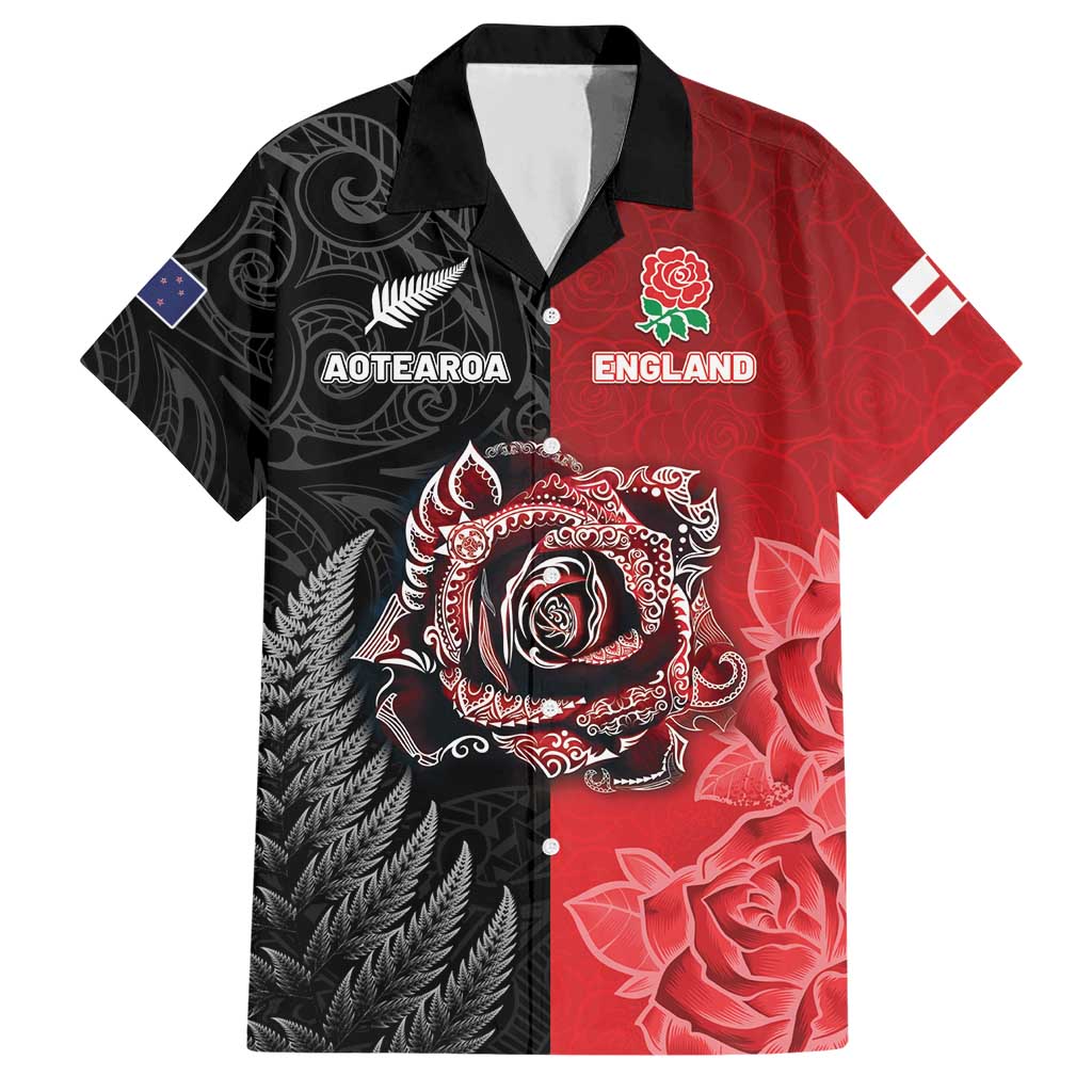 New Zealand And England Rugby Custom Hawaiian Shirt Red Rose Mix Maori Pattern - Polynesian Pride