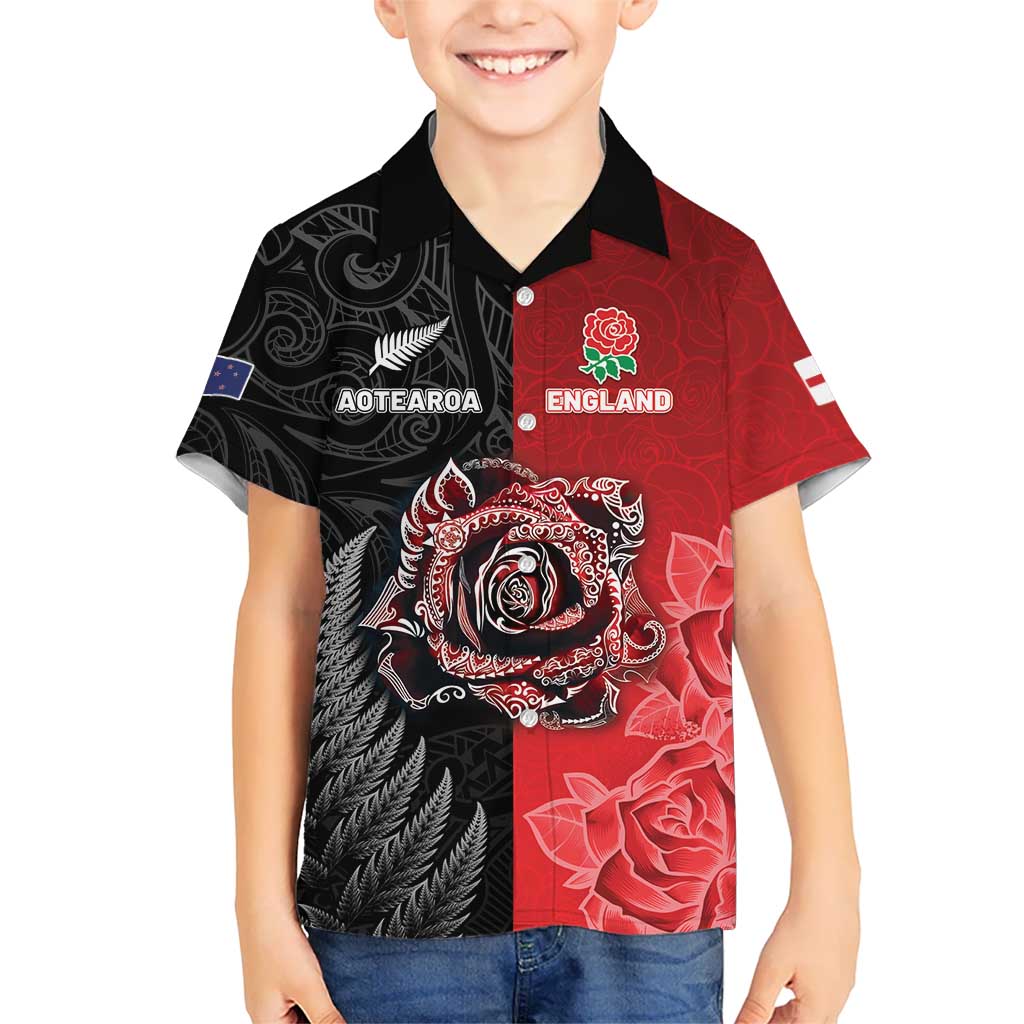 New Zealand And England Rugby Custom Hawaiian Shirt Red Rose Mix Maori Pattern - Polynesian Pride