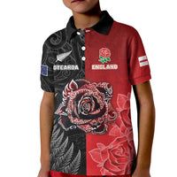 New Zealand And England Rugby Custom Kid Polo Shirt Red Rose Mix Maori Pattern - Polynesian Pride