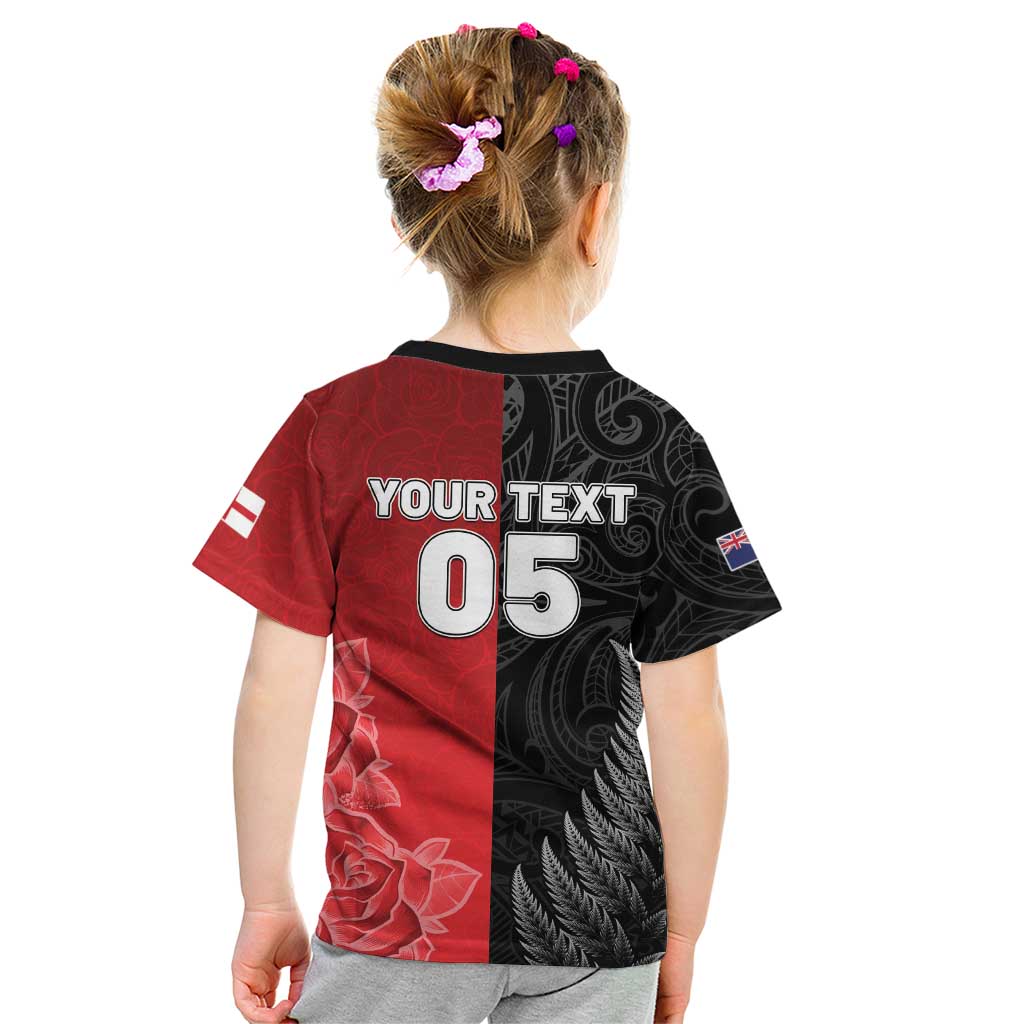 New Zealand And England Rugby Custom Kid T Shirt Red Rose Mix Maori Pattern - Polynesian Pride