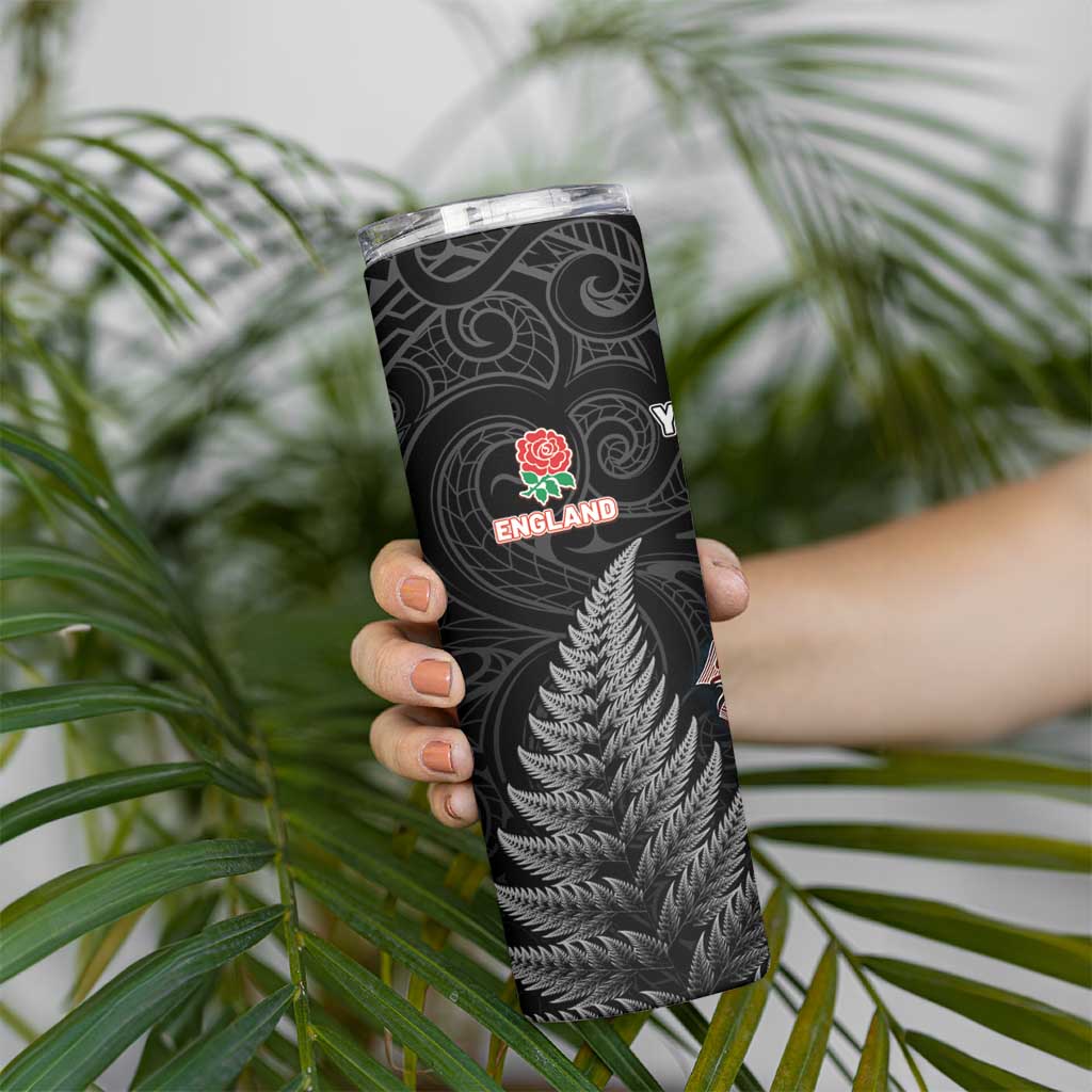 New Zealand And England Rugby Custom Skinny Tumbler Red Rose Mix Maori Pattern - Polynesian Pride