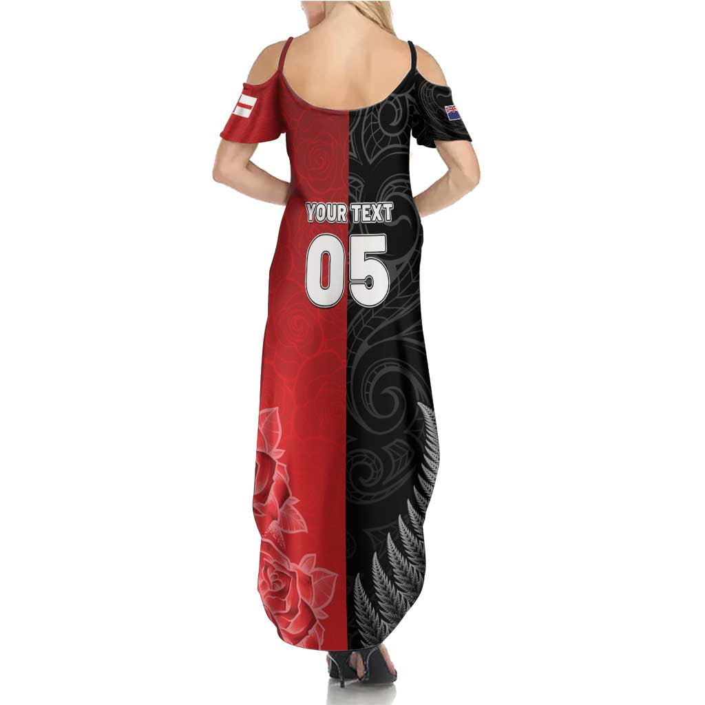 New Zealand And England Rugby Custom Summer Maxi Dress Red Rose Mix Maori Pattern - Polynesian Pride