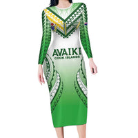 Custom Cook Islands Avaiki Rugby Family Matching Long Sleeve Bodycon Dress and Hawaiian Shirt Go Champions LT05 Mom's Dress Green - Polynesian Pride