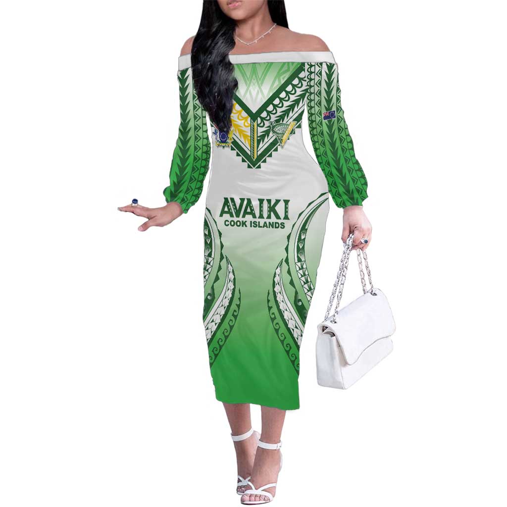 Custom Cook Islands Avaiki Rugby Family Matching Off The Shoulder Long Sleeve Dress and Hawaiian Shirt Go Champions LT05 Mom's Dress Green - Polynesian Pride
