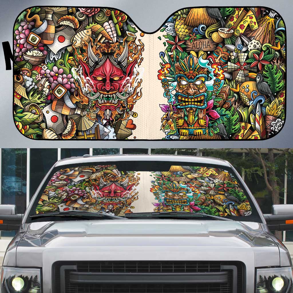Hawaii And Japan Auto Sun Shade Tiki With Oni Mask LT05 Colorful - Polynesian Pride
